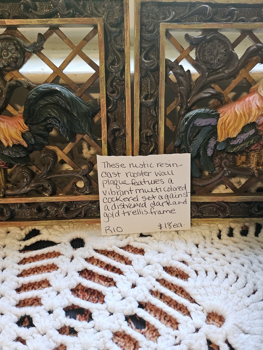 Rustic Multicolor Rooster Wall Plaque in Distressed Gold Frame